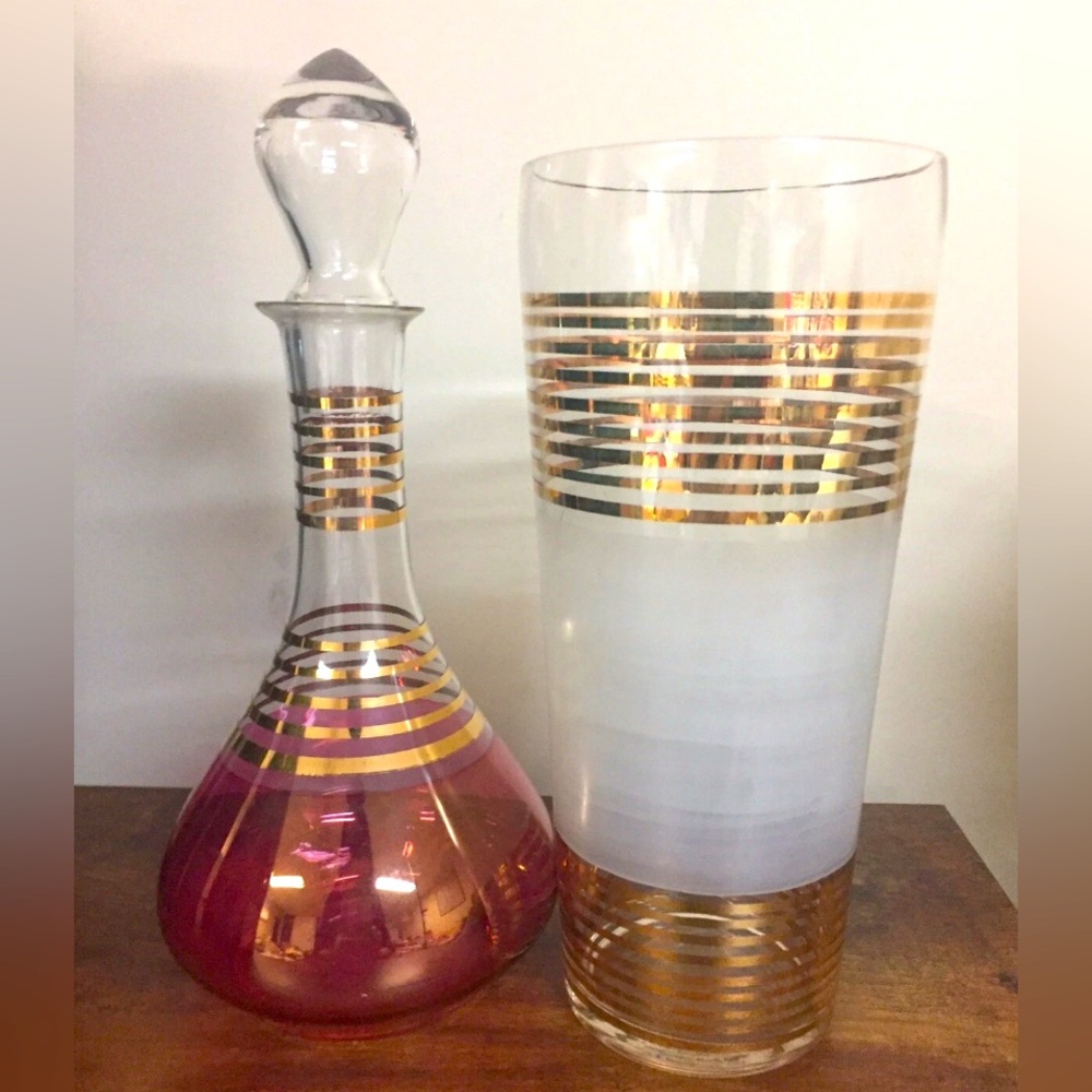 Elegant Glass Decanter and Vase Set with Gold Accents